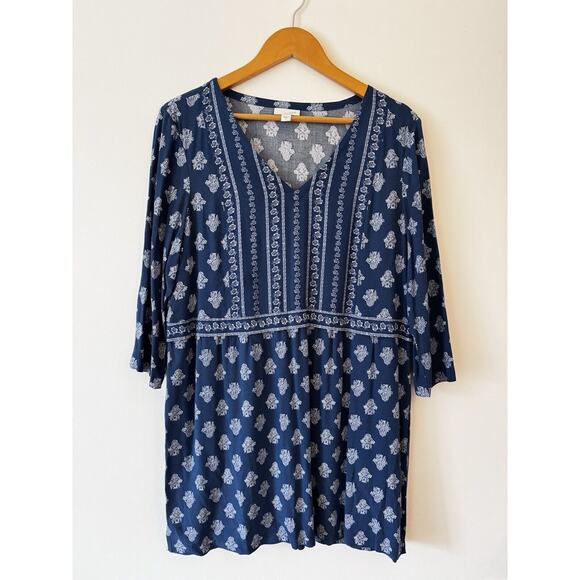 J. Jill Top Small Blue Tunic Flouse Indian Print Slit Side Lagenlook Boho Blouse - Picture 1 of 11